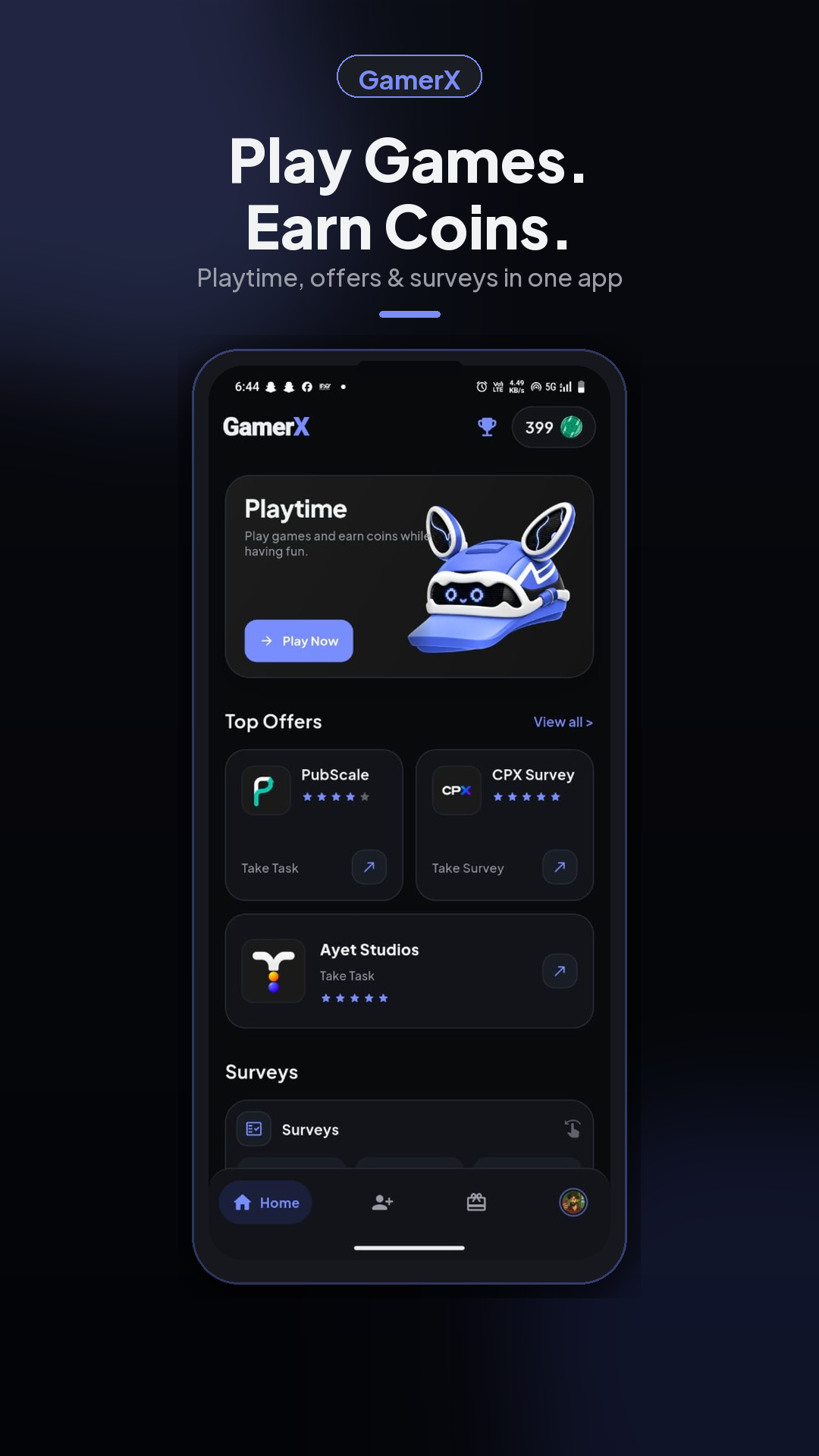GamerX App Home Interface showing game tasks and wallet balance
